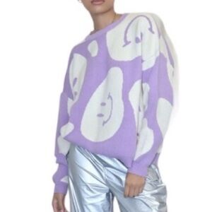 Bailey Rose Swirly Smiley Oversized Sweater Purple Cream Size Small New with Tag